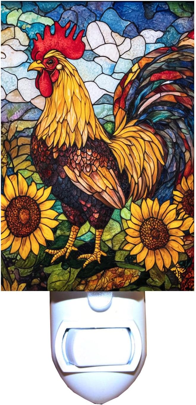 Stained Glass Effect Sunflower Rooster Night Light - Rooster Night Light