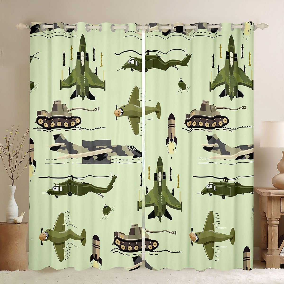 3D Army Helicopter Window Drapes Airplane Tank Window Curtains for Bedroom Living Room for Kids Boys Girls Teens Popular Decor Window Drapes Army Transportation Window Treatments 42W X 63L,2 Panels