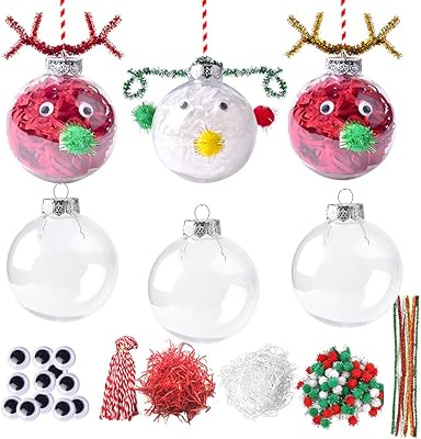 6 Sets 3.15 inch Clear Plastic Fillable Ornament Balls with Removable Silver Metal Cap, DIY Hanging Ball Ornaments with Hang Ropes for Christmas Holiday Wedding Party Decoration