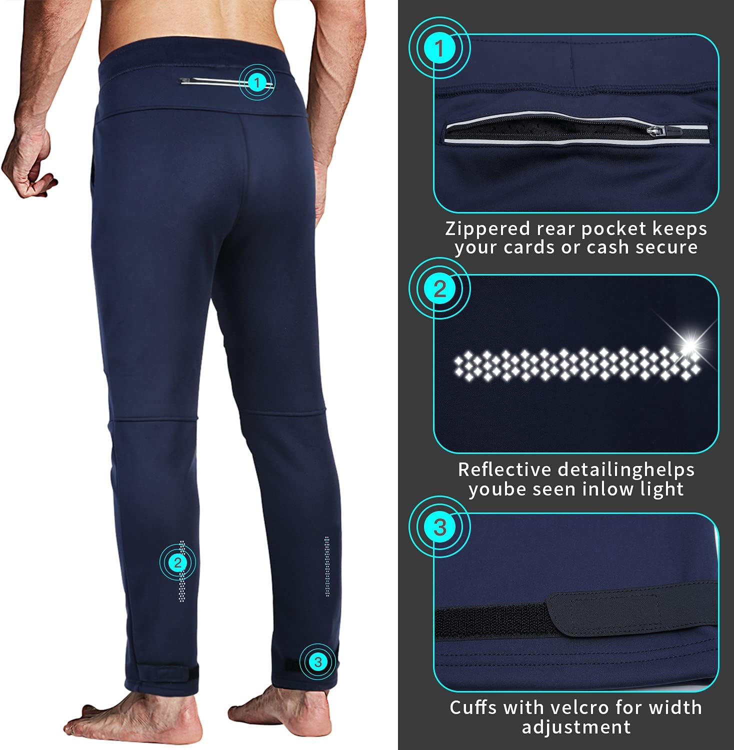 Souke Sports Men's Winter Cycling Pants, Windproof Fleece Thermal Bike Pants, Breathable Athletic Sweatpants for Running - Image 4