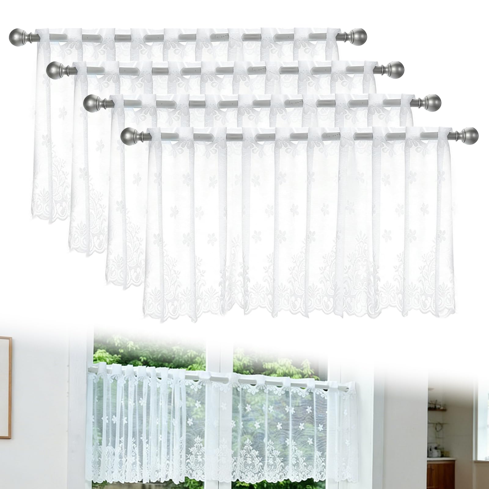 JSUOEO 4 PCS Kitchen Curtains for Windows Cafe Net Curtain for Window Decor