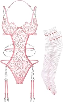 Women Lingerie Set Floral Lace Teddy Strap Chain Babydoll Bodysuit Bra and Panty Set with Garter Belts