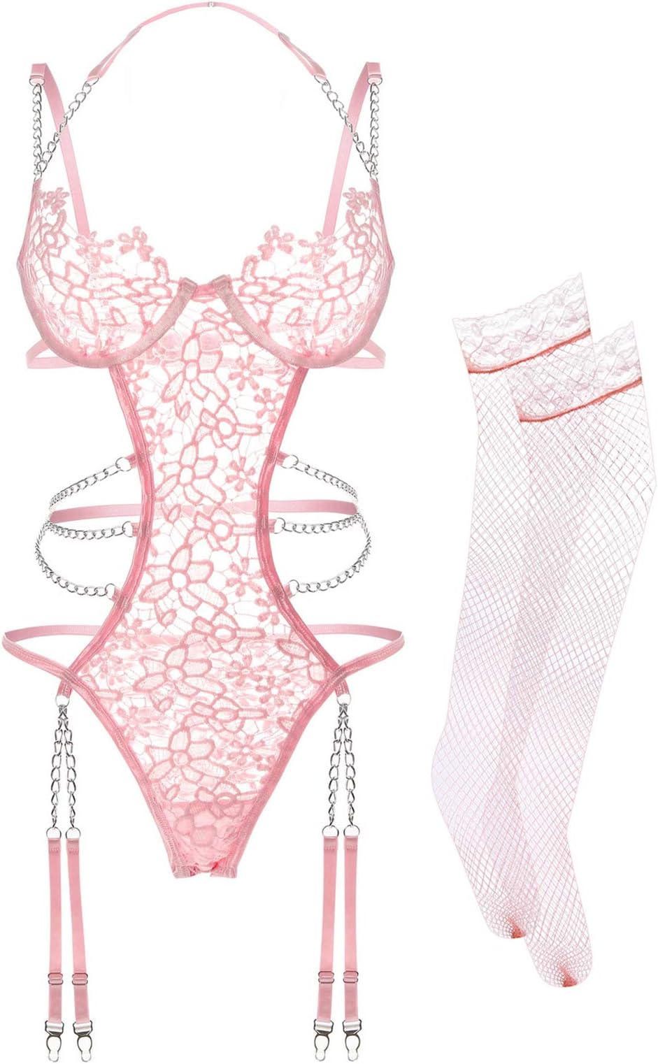 Women Lingerie Set Floral Lace Teddy Strap Chain Babydoll Bodysuit Bra and Panty Set with Garter Belts