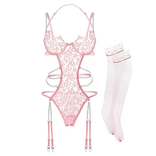 Women Lingerie Set Floral Lace Teddy Strap Chain Babydoll Bodysuit Bra and Panty Set with Garter Belts - Small - Pink
