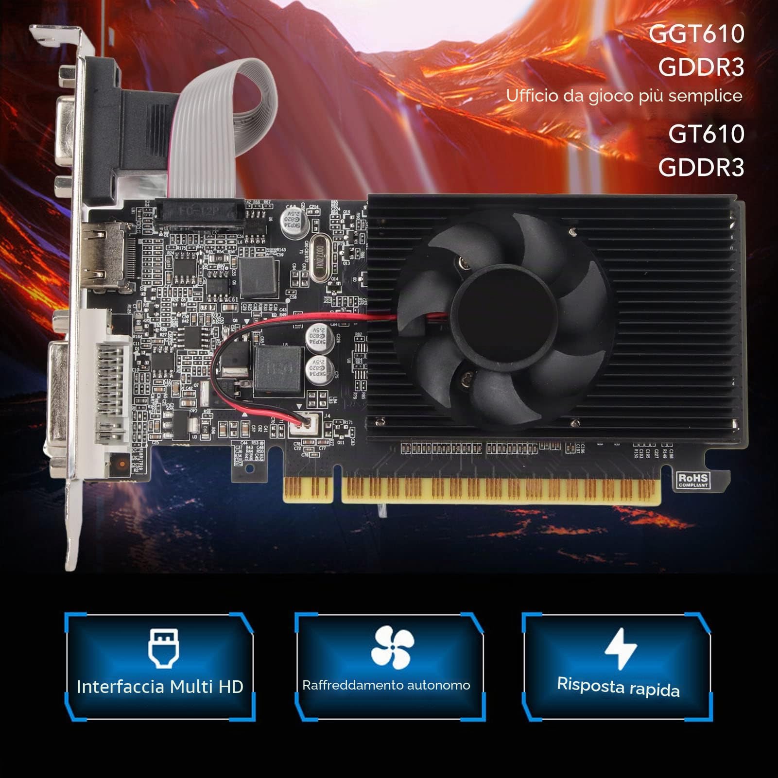 GT610 Scheda Grafica DDR3 da 1 GB, Scheda Video per PC da Gioco con Interfaccia Multimediale HD Porta VGA DVI PCI Express X16 Scheda Video per PC da Gioco a 2,0,64 Bit Scheda