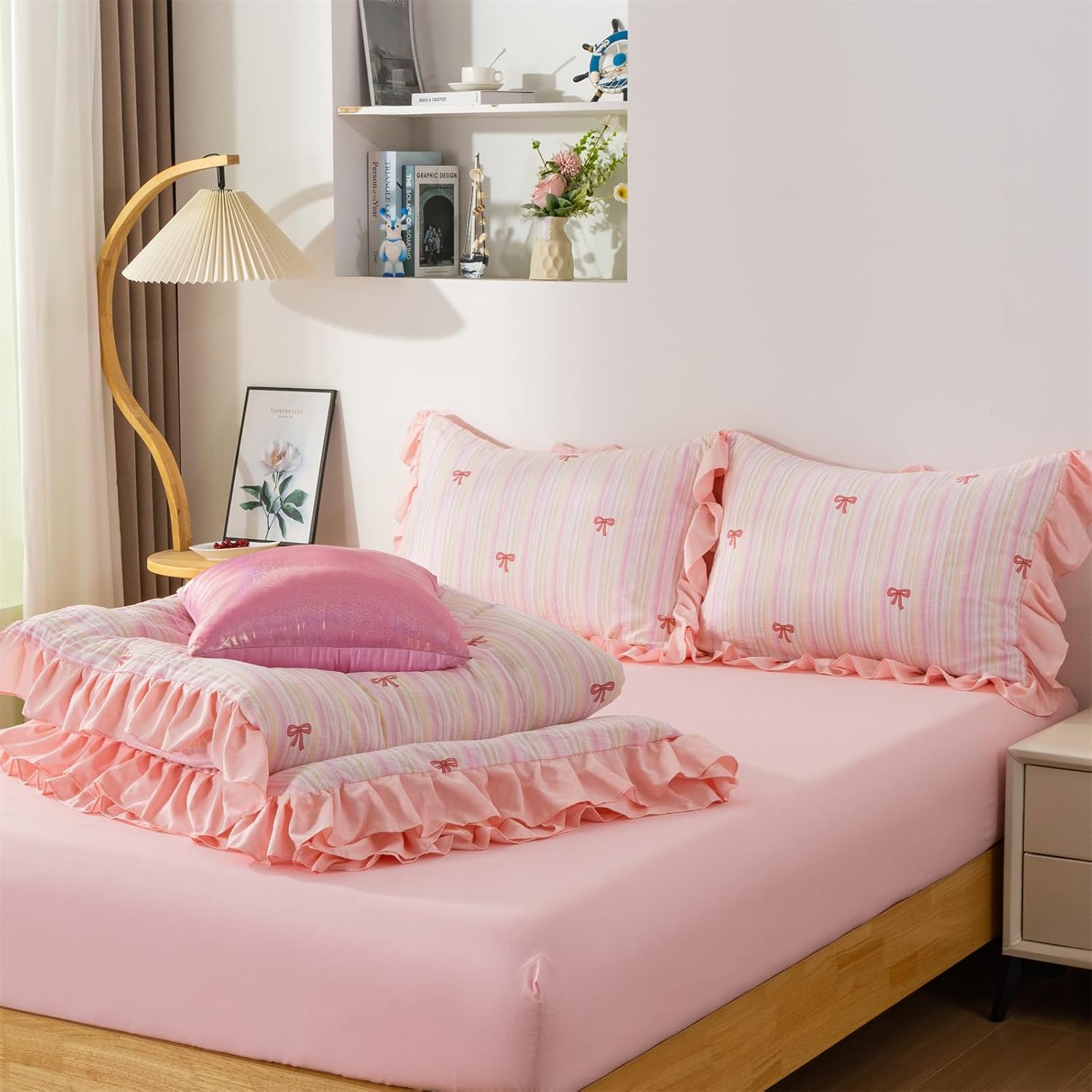 Aimuan Pink Bow Comforter Set 6 Piece, Cute Ribbon Bowknot Bedding Set, Princess Rainbow Comforter and Sheet Set Dreamy Lightweight Soft Bed Set for Girls (Pink Colorful, Twin 6Pcs) - Image 8