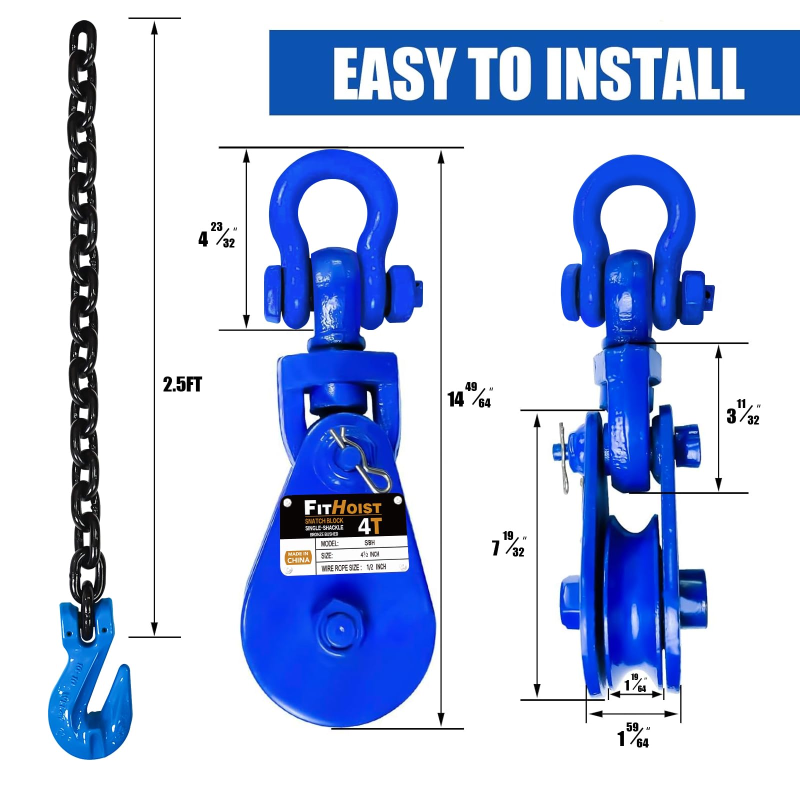 4 Tonnen Schnappblock mit G100-Kette, 11,4 cm Rolle für 1,27 cm Drahtseil, hochfeste Schnappblöcke für Abschlepp- und Bergungsanwendungen, Abschleppwagen-Rollback-Wrecker,
