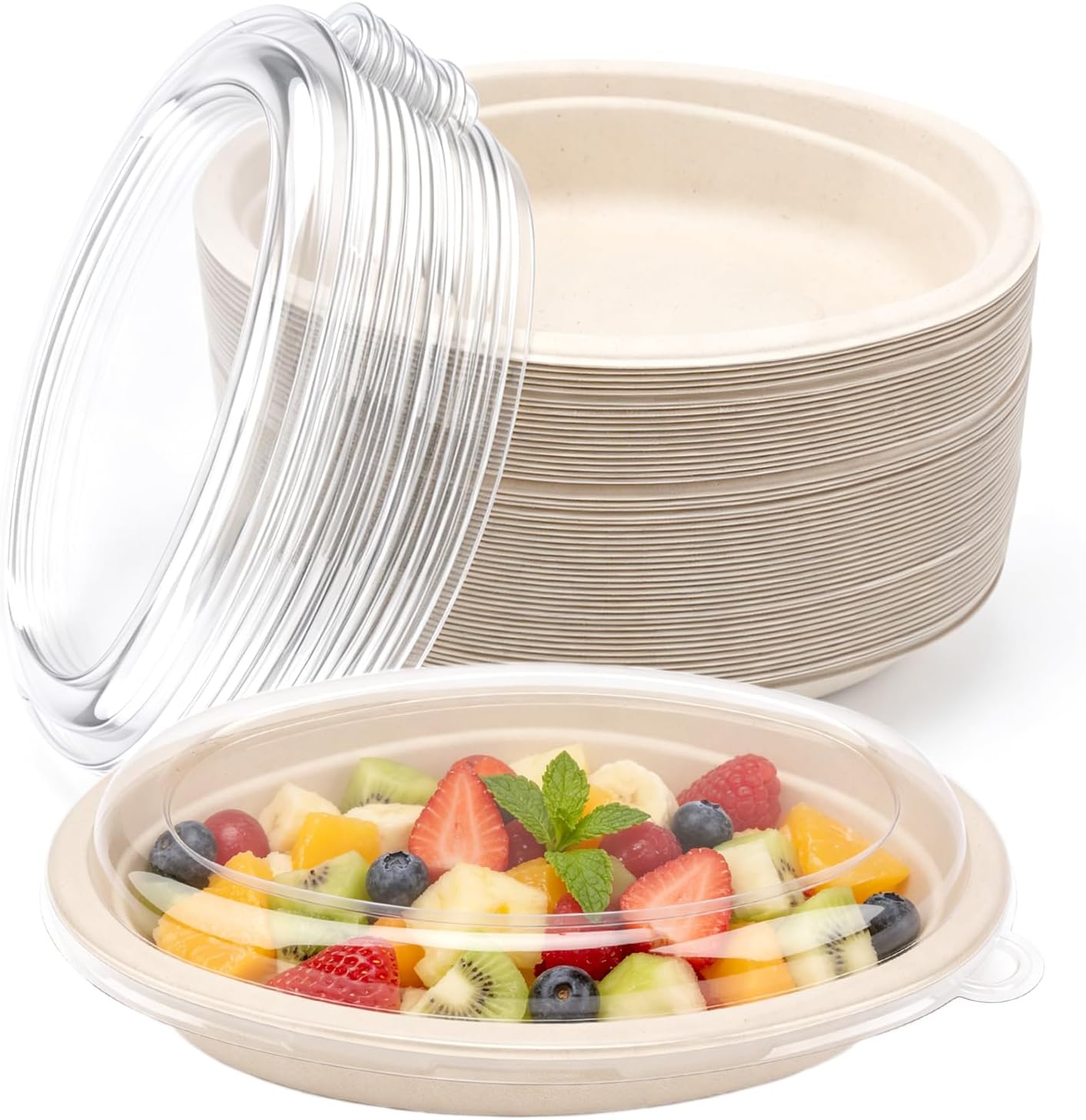 50 Count Chipotle Bowls with Lids,Chipotle Bowls Disposable Oval,Biodegradable and Compostable, Eco-Friendly White Sugarcane Paper Bowls Perfect for Cereals Snacks Salads Picnics BBQ Parties