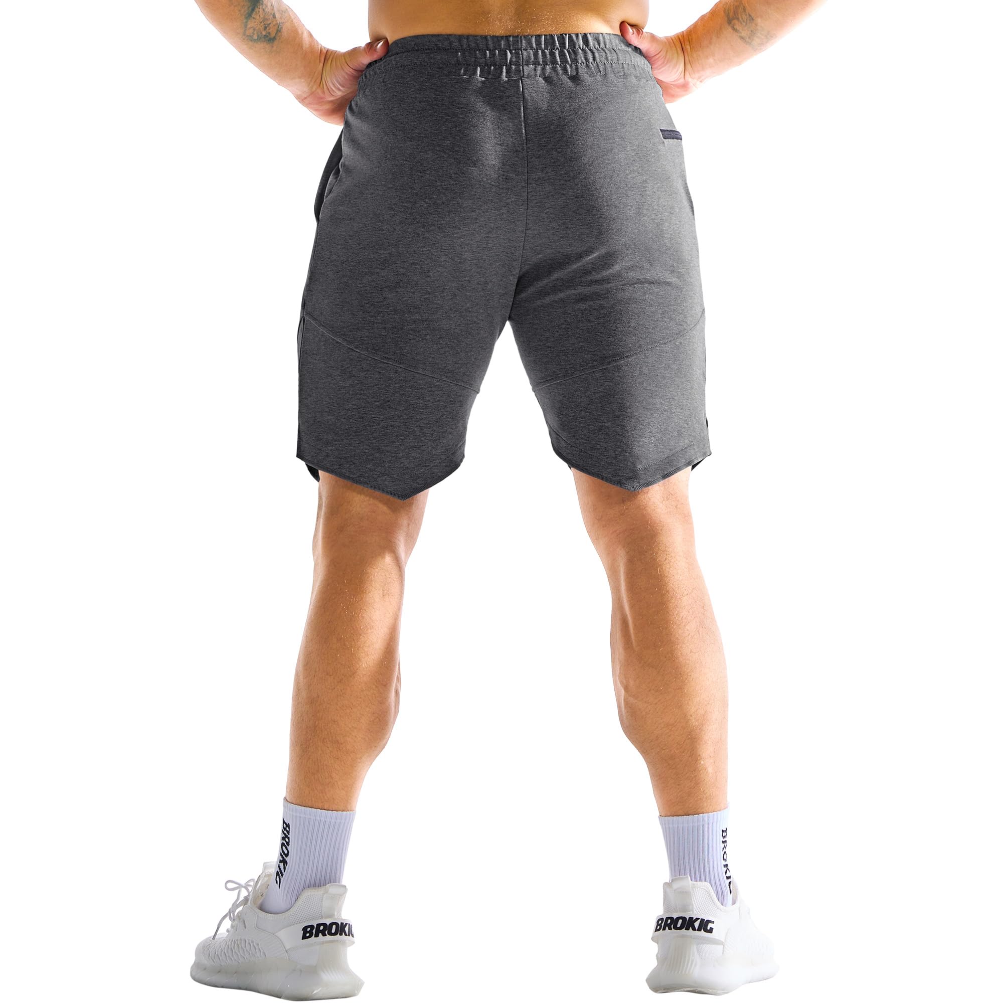 BROKIG Gym Sporthose Herren Kurz Baumwolle Fitness Shorts | Laufhose Herren Kurz mit Versteckte Reißverschlusstasche, Slim Fit Trainingshose Herren Kurz, Sport Shorts Herren
