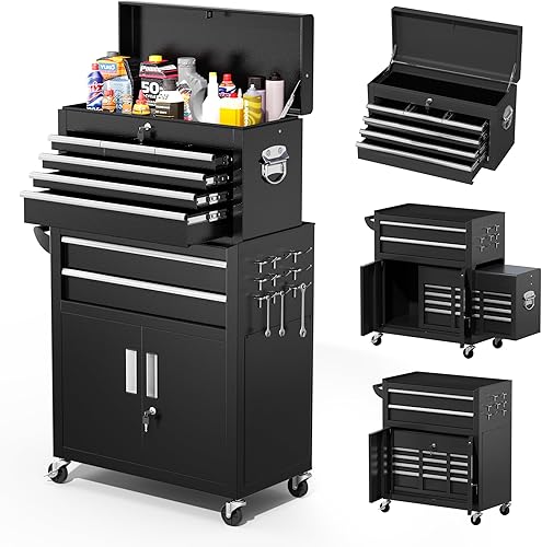Greenvelly Cofre de herramientas de metal, carrito de herramientas rodante de 8 cajones con ruedas, gabinetes de herramientas desmontables 2 en 1,