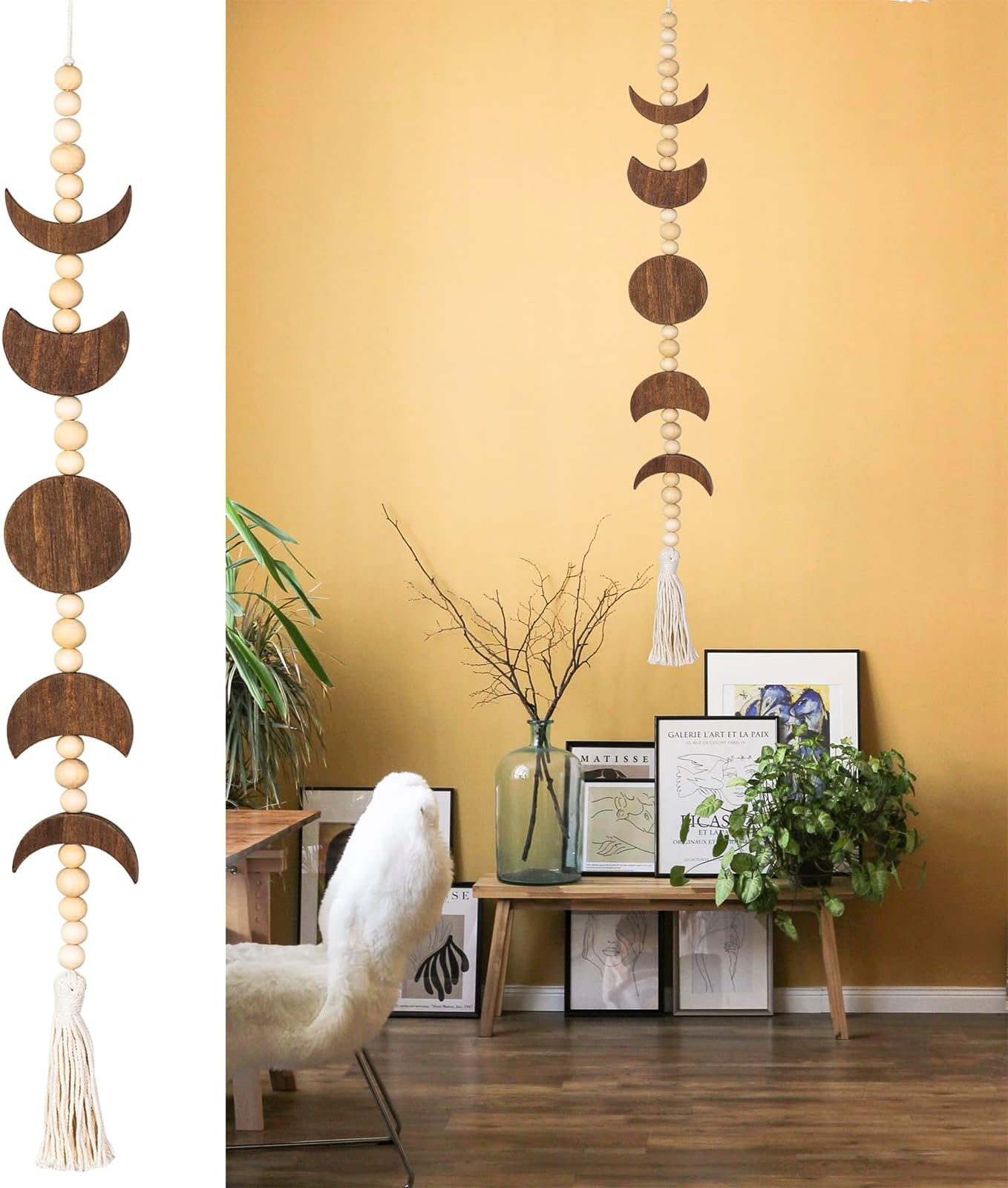 Moon Phase Wall Hanging Wood Beaded with Tassel,Phases of The Moon,Boho Home Decor for Living Room Bedroom Office(Brown)