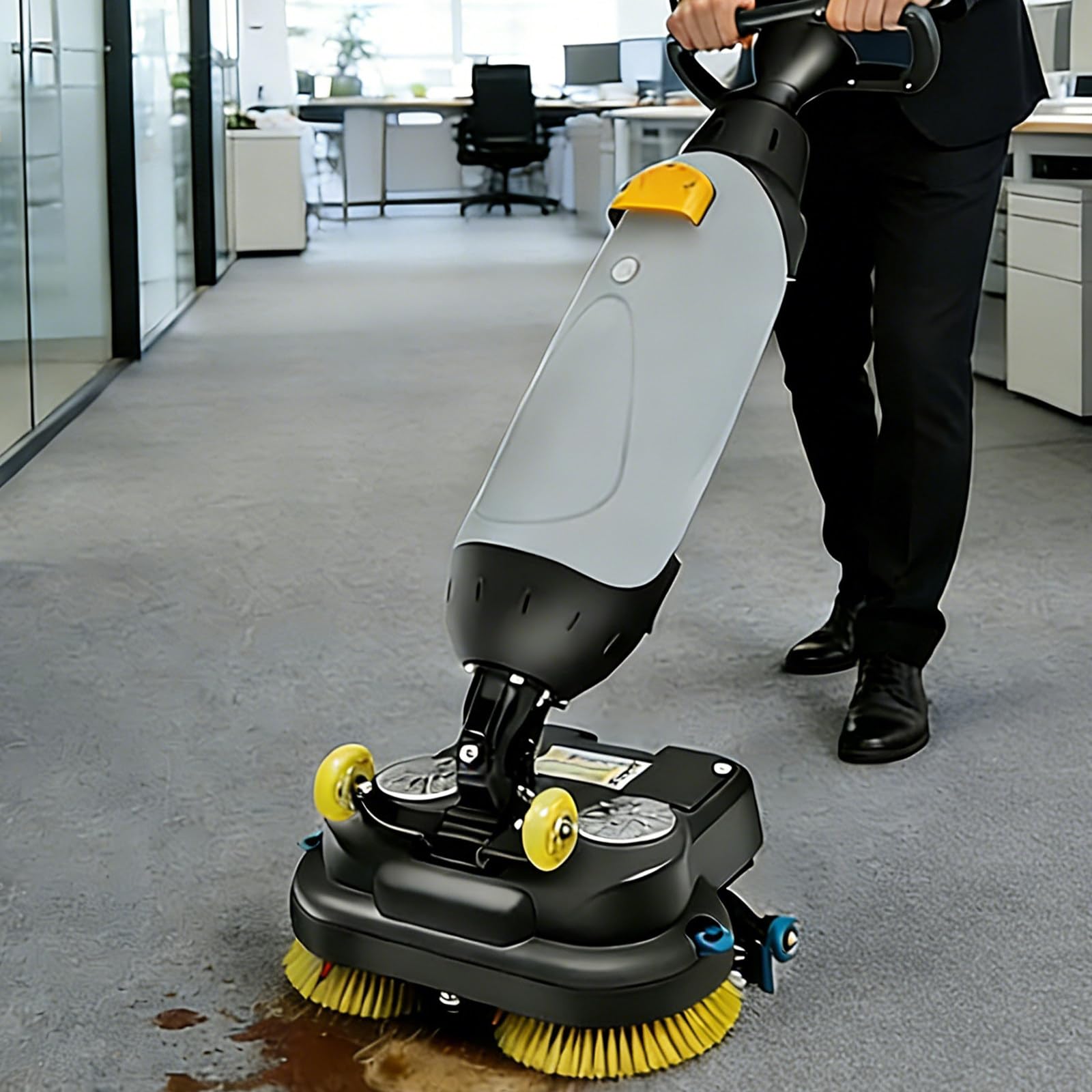 QJJML Cordless Automatic Floor Scrubber, 17" Commercial Floor Buffer Polisher, 3-in-1 Scrub Wash Dry, Dual Water Tank, Walk-Behind Floor Buffer for Offices Retail Restaurants Gray