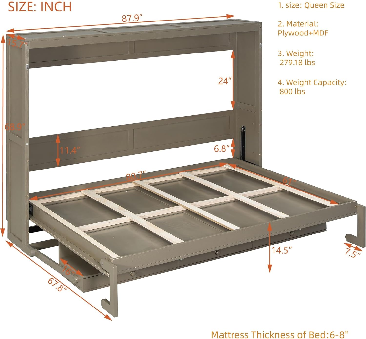 Merax Queen Size Murphy Bed with Vanity Desk, Foldable Murphy Cabinet Bed with Center Mirror and 2 Side Storage Drawers, Sturdy Wood Space-Saving Hidden Wall Bed Cabinet for Guest Room Office, Gray