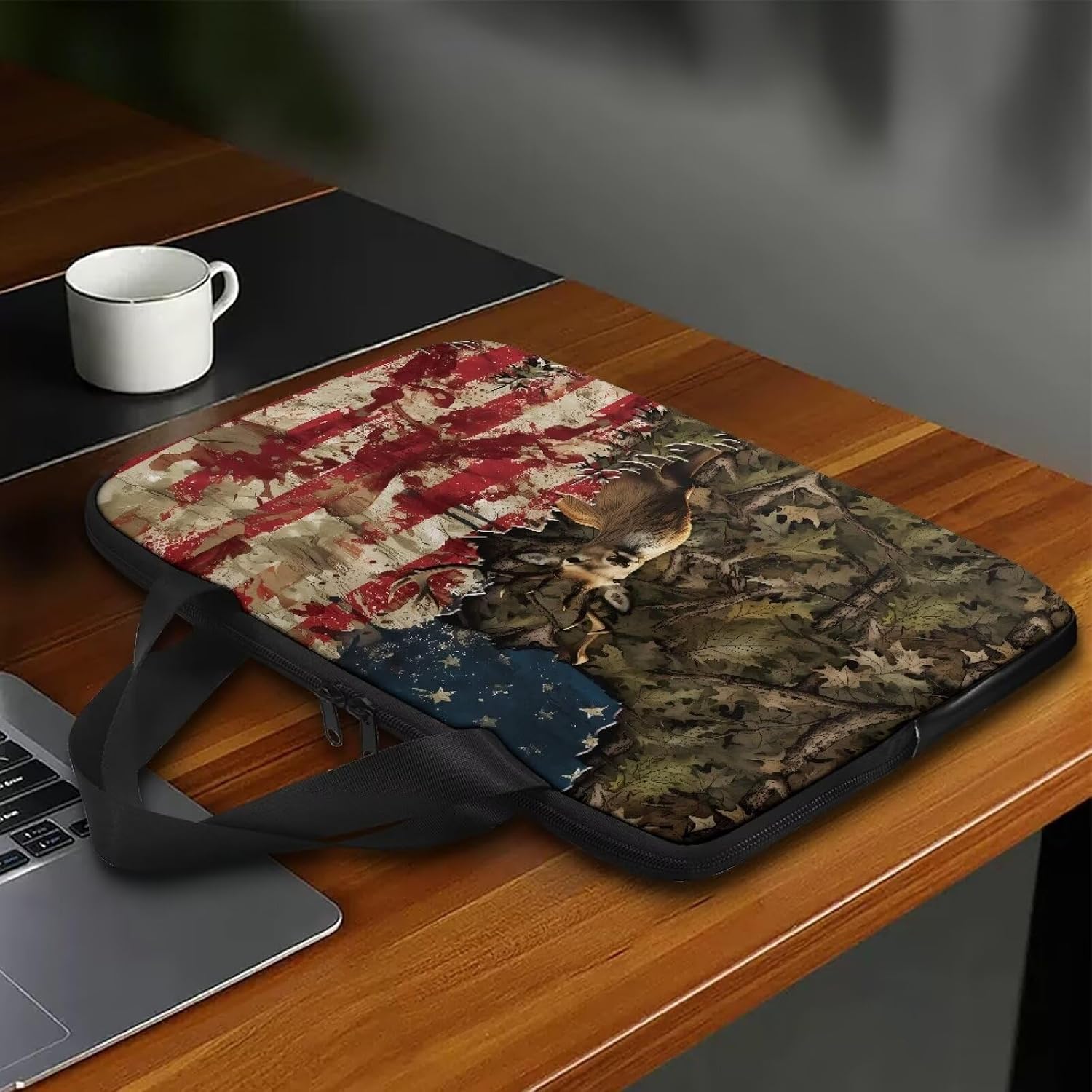 Laptop Bag for Women Men Casual Carrying Bag Durable and Waterproof Briefcase Computer Case with Zipper and Handle Business Office Work Bag, Forest Camo American Flag Deer Print, 17 inch image 2