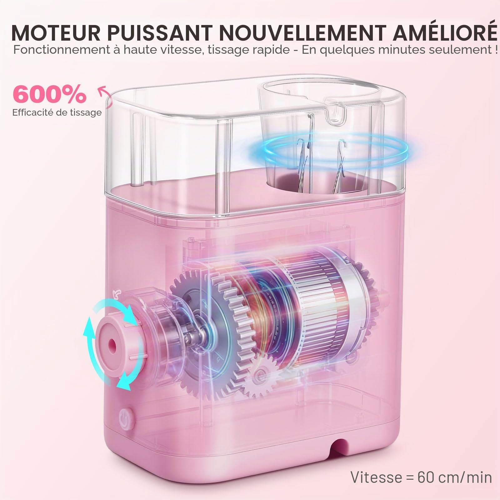 DoubleCare Machine à Tricoter Française, Machine à Tricoter Automatique iCord Électrique, Avec 2 Bobines de Fil et 1 Rouleau de Fil de Fer de 2 m, Pour Projets de Bricolage DIY Rapides, Rose