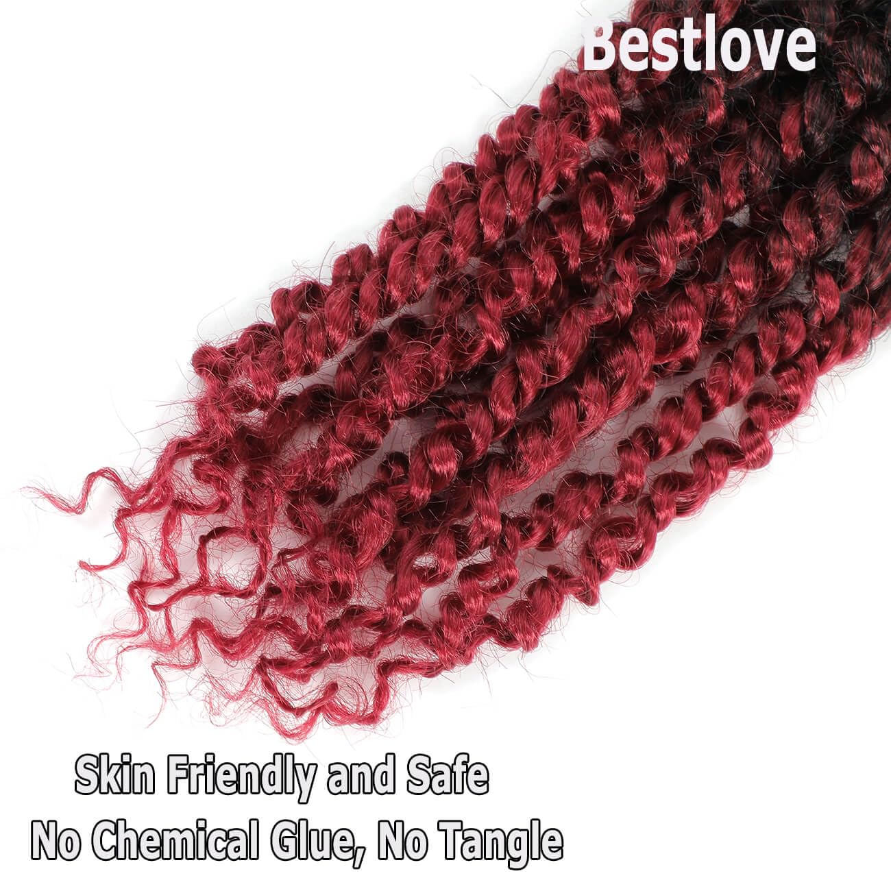 Bestlove 14 Inch 8 Packs Burgundy Pre-twisted Passion Twist Crochet Hair, Pre-looped Bohemian Curly End Synthetic Braiding Hair Extensions, Low Temperature Soft Twist Braids for Black Women(T1B/Bug)