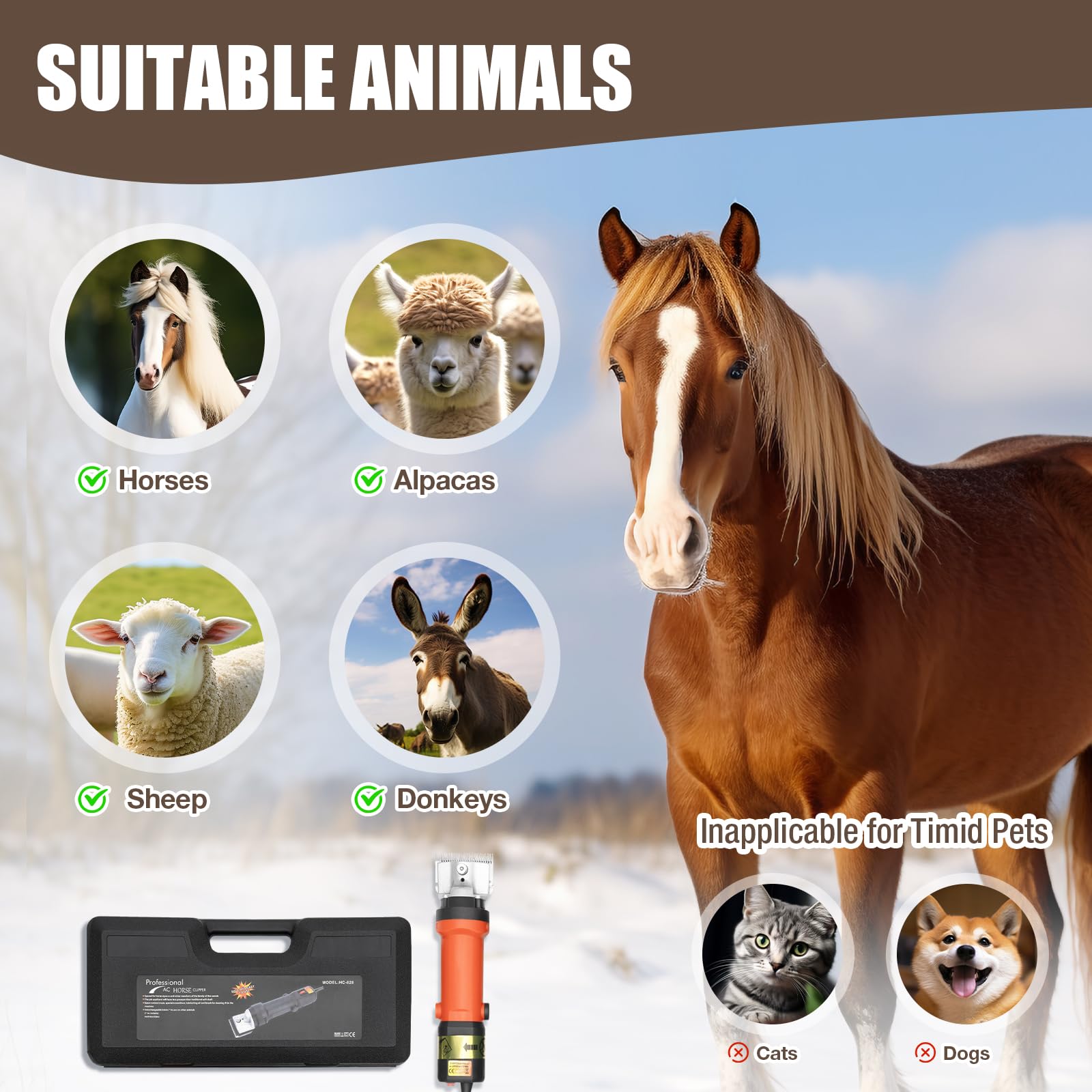 PERFERATE Horse Clippers Professional Electric Horse Grooming Kit 350W 6 Speeds Large Heavy Duty Farm Animal Grooming Clippers for Horse Alpacas Goats Livestock Haircut Trimmer
