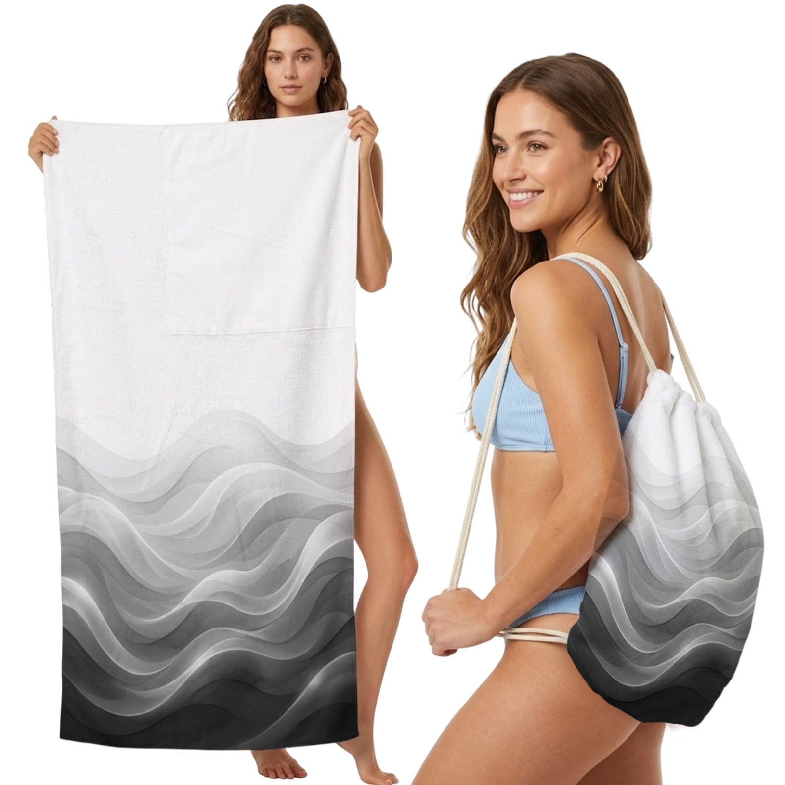 FWJZDSP Beach Towel Bag 2 in 1 Blackid Waves Bath Pool Towels Backpack GradientMountain Absorbent Beach Towel Soft Quick Dry Lightweight Towels Drawstring Bag for Travel Camping Sports Picnic