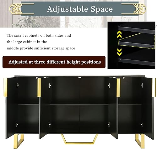 Miniatura 4 de P PURLOVE Aparador moderno, aparador de estilo simple y lujoso con patas y asas de metal dorado, tablero de partículas y gabinete de tablero de MDF
