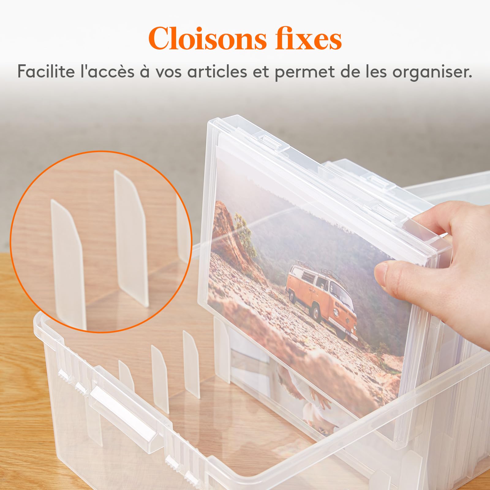 Lifewit Boîte de Rangement Photo 13x18cm 5R, 9 Boîtes Intérieures, Organisateur Photo pour Cartes, Photos, Tampons, Fournitures de Bureau avec 1 Feuille D'étiquettes Autocollante, Transparent, 1 Pièce