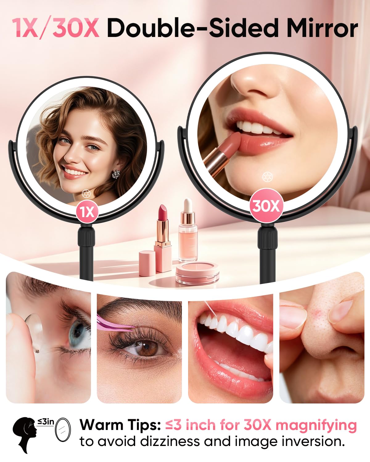 Specchio per il trucco con luci, specchio ingranditore a doppia faccia 30X 1X