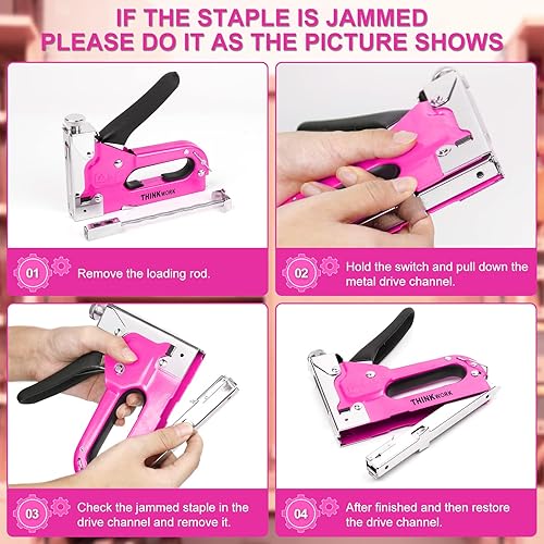 Miniatura 4 de THINKWORK Pistola de grapas resistente, 3 en 1, pistola de grapas rosa para tapicería con 900 grapas, pistola de clavos para madera, cable, tela,
