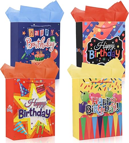 Moretoes Bolsa de regalo de cumpleaños, 4 bolsas de regalo con papel de seda y asas, bolsas de regalo de parches 3D, bolsas grandes de regalo de