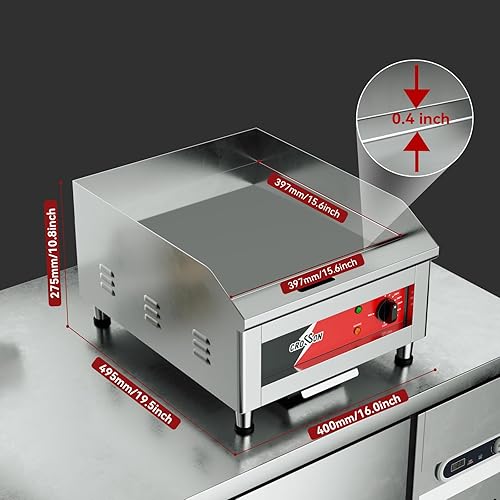 Miniatura 6 de CROSSON Plancha eléctrica comercial de 16 pulgadas, parrilla eléctrica superior plana de 120 V1750 W, placa de cocina cromada antiadherente de 25