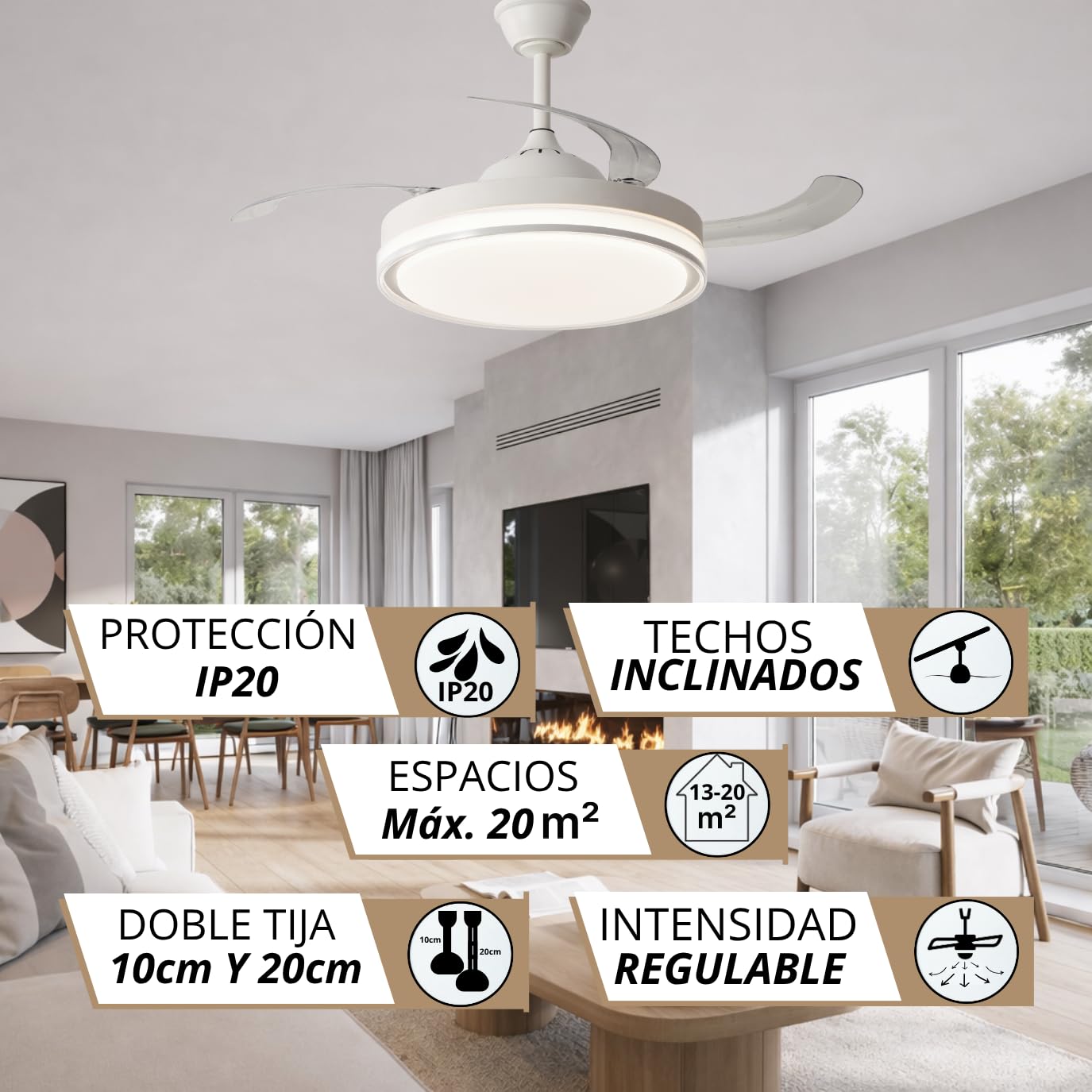 NARVI Ventilador de Techo Blanco con Luz LED Regulable, Motor DC 30W Silencioso de Bajo Consumo, Lámpara Ventilador con Mando a Distancia, 3 Aspas Retráctiles, Función Invierno Verano, LOVANIA 1576 WH