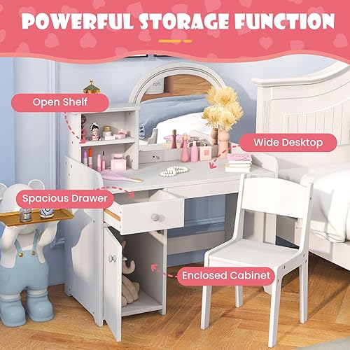 Miniatura 31 de INFANS Vanity - Juego de escritorio y silla de maquillaje de princesa 2 en 1 con espejo desmontable de tres pliegues, estantes de almacenamiento