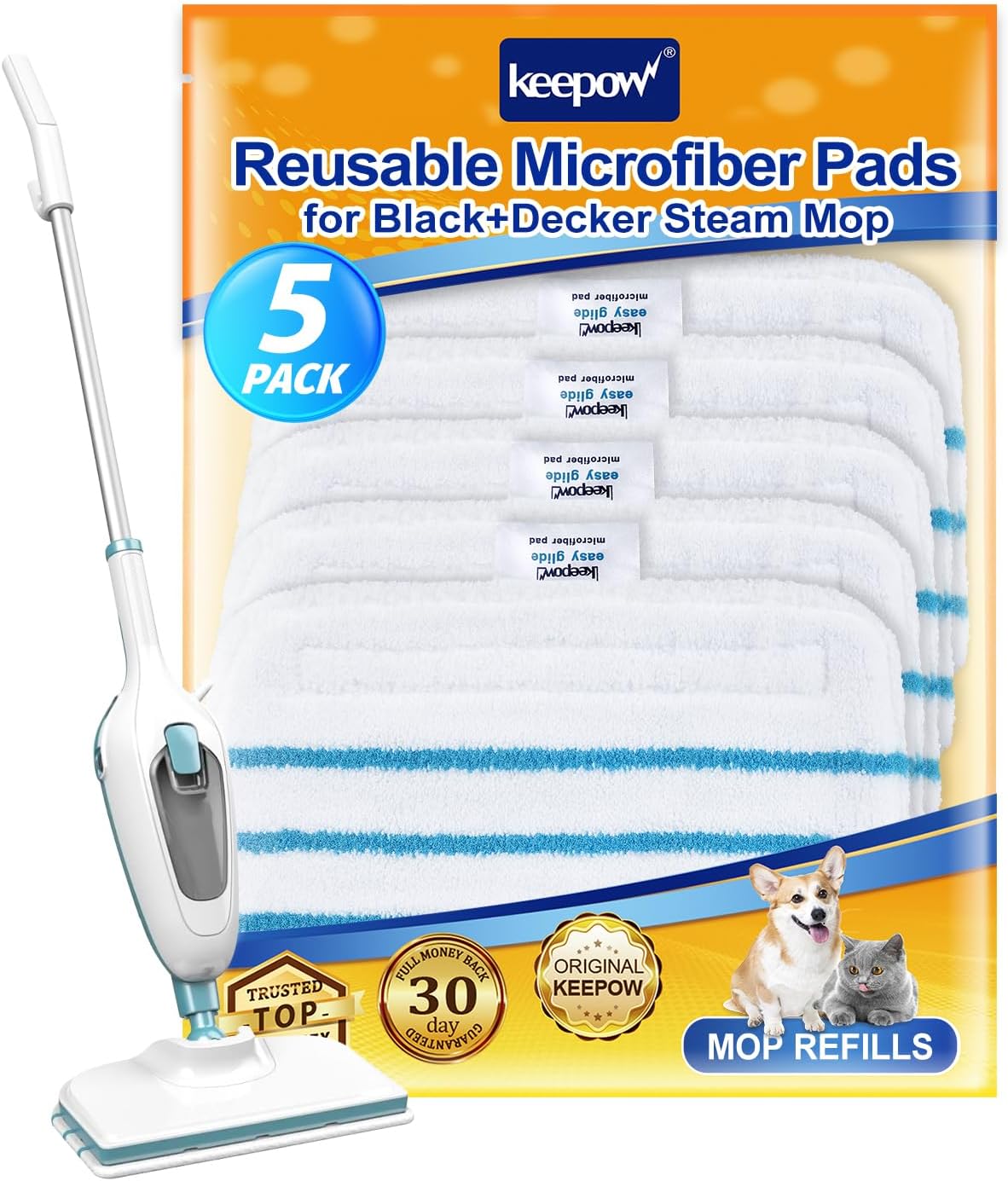 KEEPOW 5 Pack Steam Mop Pads Compatible with Black & Decker Steam Mop FSM13E1/FSMP20, Microfibre Cloth Replacement Pads
