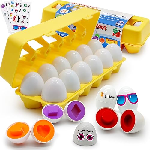 Wanonoo Huevos a juego para niños pequeños de 1 a 3 años, clasificador de formas de reconocimiento de color y forma, huevos Montessori, regalos