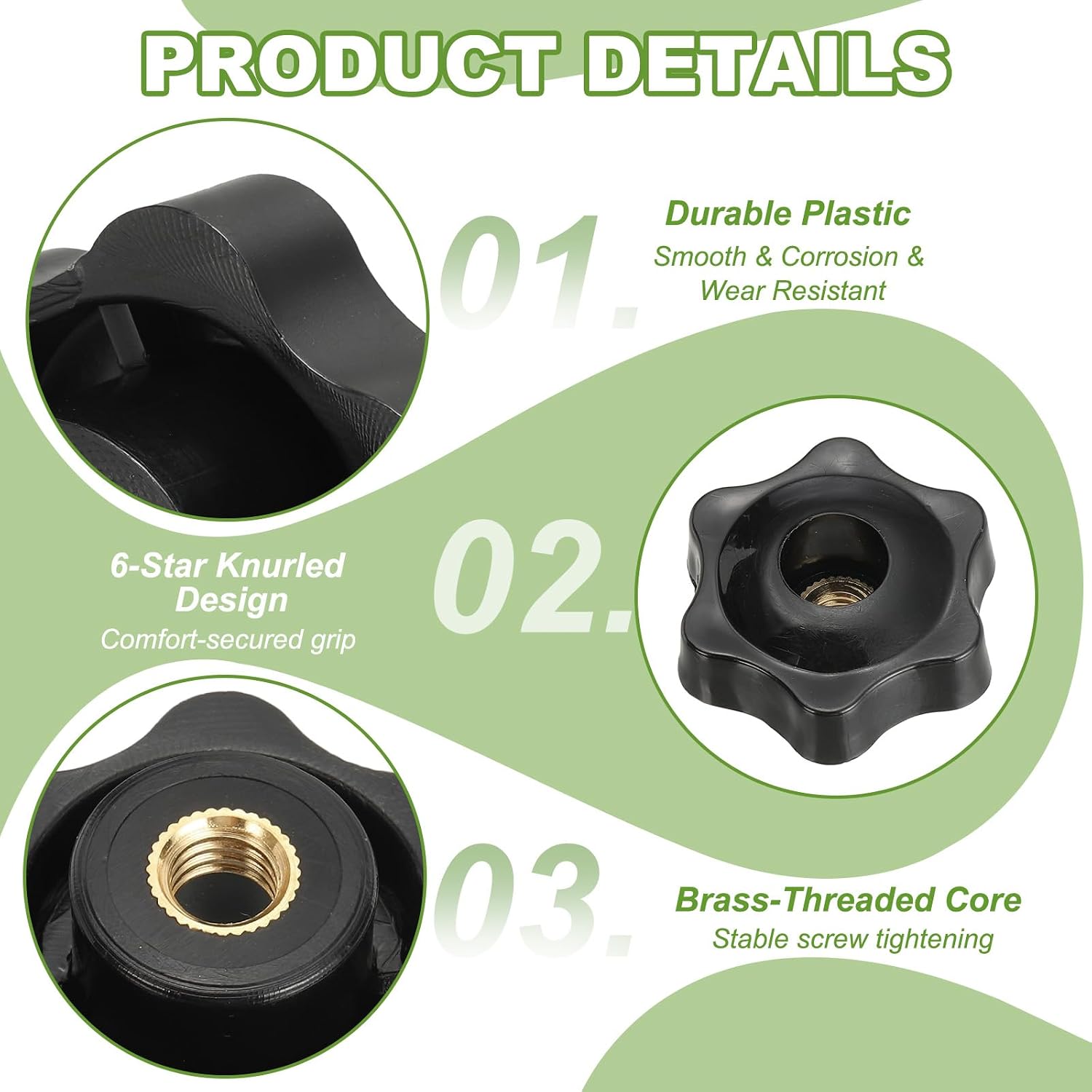 Clamping Nuts Knob Plastic Screw-On Brass Star Knobs Knurled M8 Female Threaded Hexagon Head, 1.5 Inch Head Diameter Fit for Lawn Mower Handle Machinery (20 Pack, Black)