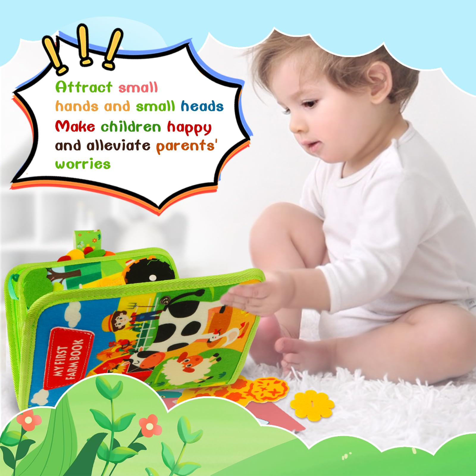 Busy Board Libro Montessori Interattivo 1 Anno, Quiet Book Sensoriale Educativo, Giochi da Viaggio per Bambini, Giochi Montessori 1 2 3 4 5 6 Anni, Pannello di Feltro attività Ranch Animals