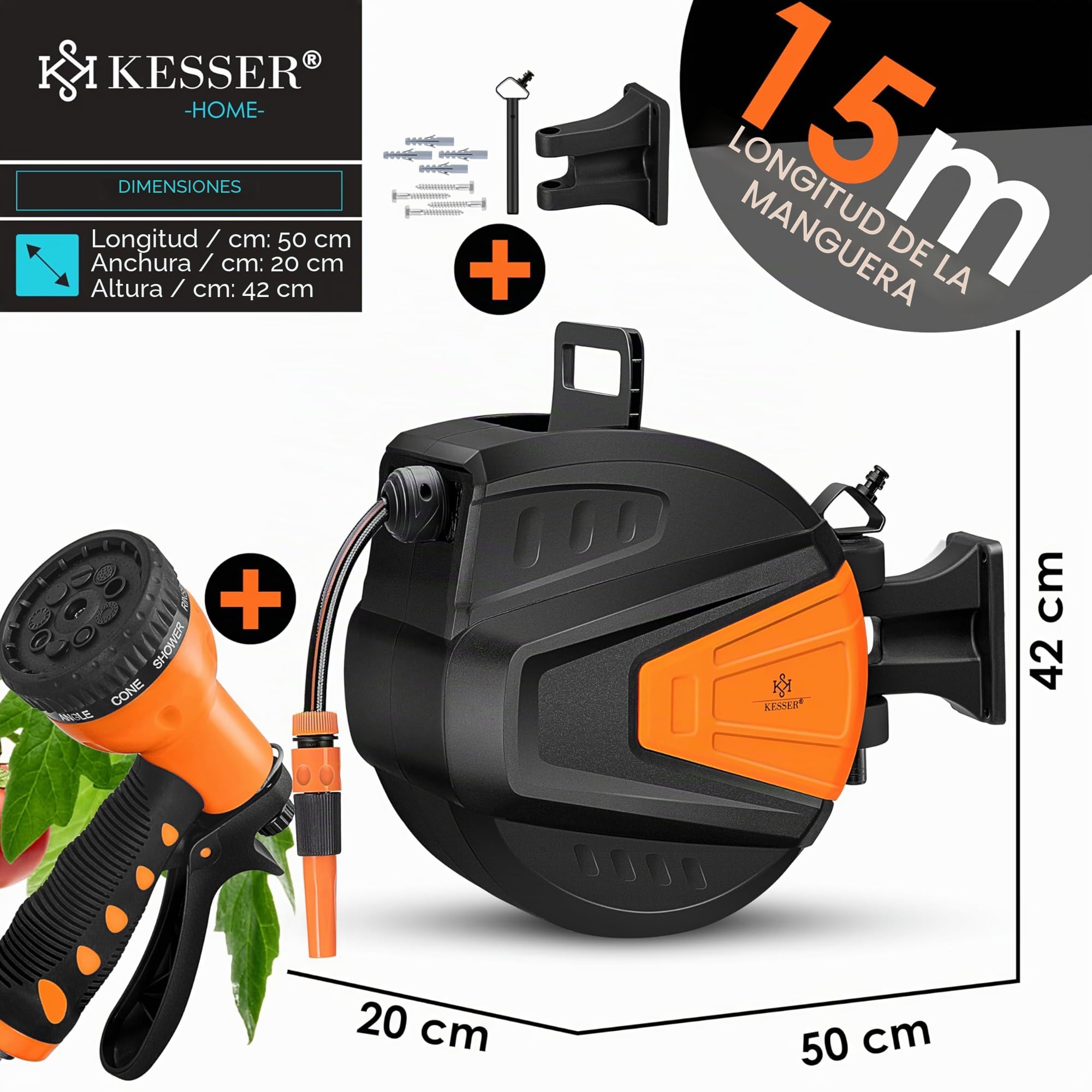 KESSER® Enrollador de mangueras Agua | Ducha de mano múltiple | Giratorio 180° | Tapón de rebobinado | Montaje en la pared | Caja de mangueras de pared | Manguera de jardín, naranja 15 M
