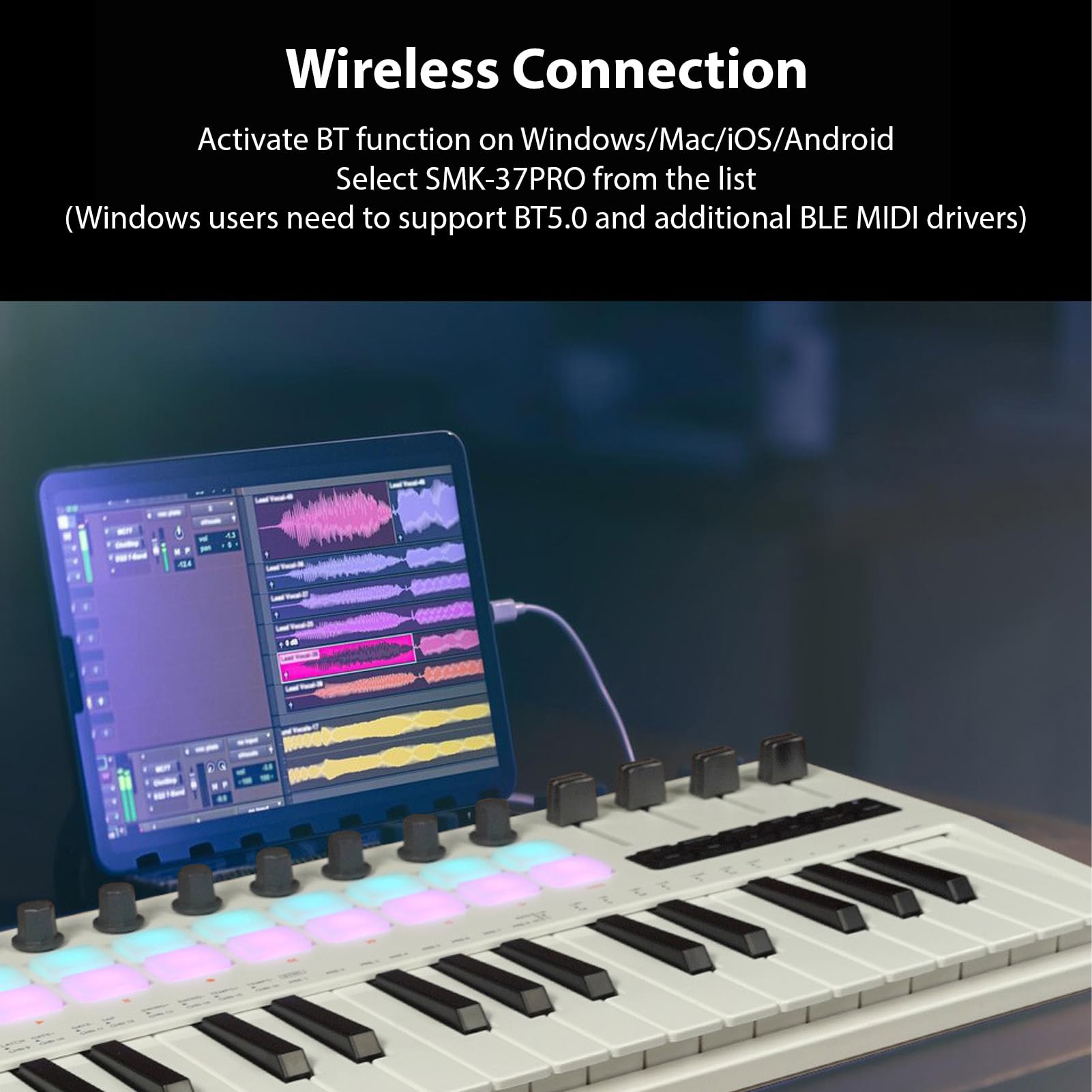 Btuty Controlador de teclado MIDI de 37 teclas, controlador de producción de música, teclado de piano MIDI con 16 almohadillas de batería RGB, 8 perillas, 4 atenuadores, motor sintetizador para