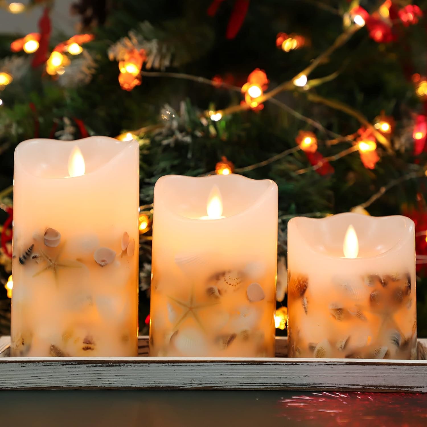 SILVERSTRO LED Flameless Candles (D 3.25" x H 4" 5" 6") with Candleholder, Nautical Theme Shell Embedded Candles with Remote, Battery Operated Candles for Party Wedding Christmas Decor : Tools & Home Improvement