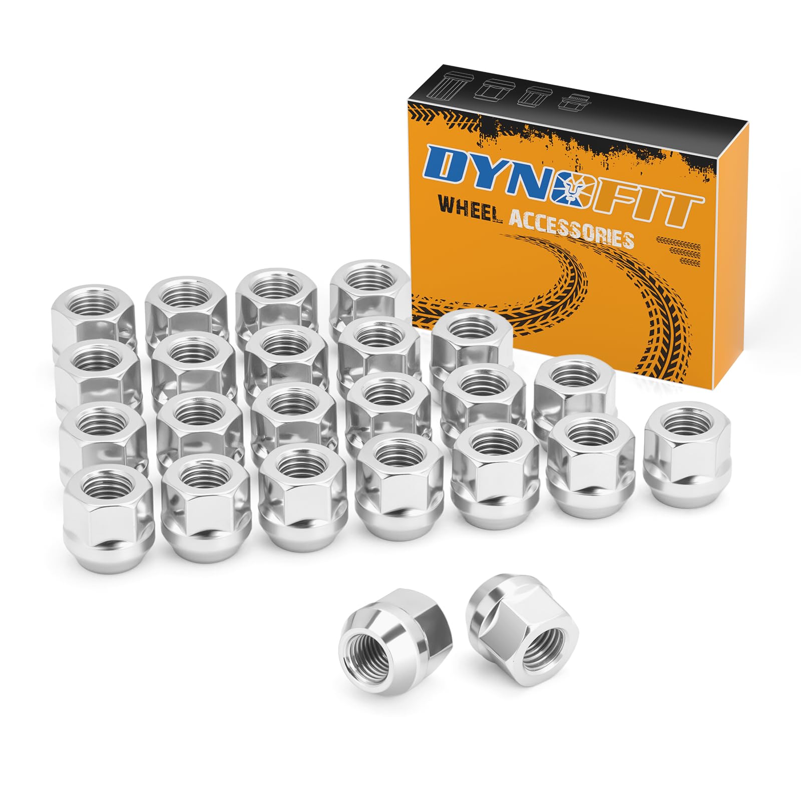 Dynofit M14x1.5 Open End Lug Nuts for Silverado Sierra Ram 1500, 24pcs 14mmx1.5 Zinc Open Lugnuts Compatible With Che-vy GMC Ford F150 6 Lug OEM Steel Rim Aftermarket Aluminum Wheel, 19mm Hex Cone Nut