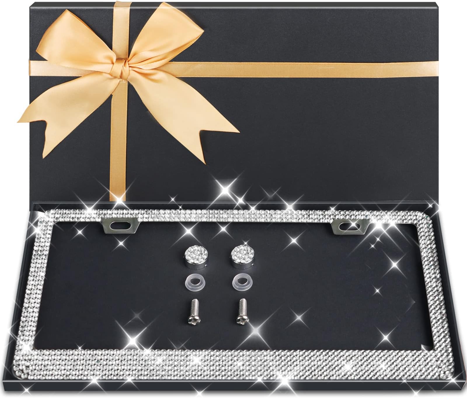 Sparkly Rhinestone License Plate Frame for Women - Stainless Steel, Obstruction-Free Car Accessory by AUJEN