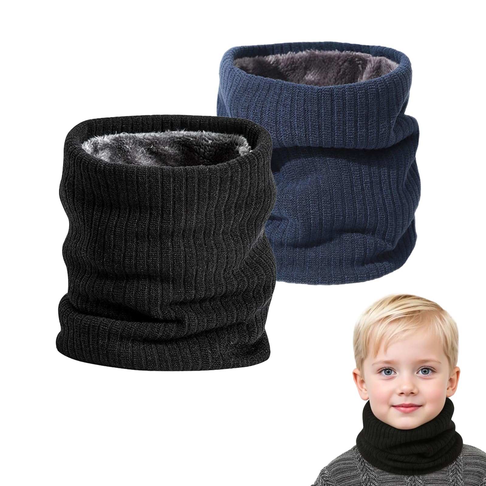 Sefirst Boys Black, Blue 2 Pcs Winter Neck Warmer Fleece Snoods, Scarf Thicken Windproof And Dust Skiing Knitted For Kids Girls, Thermal Snood Neck Gaiters For Cycling Outdoor Sports Skiing (Black, Blue) ﻿