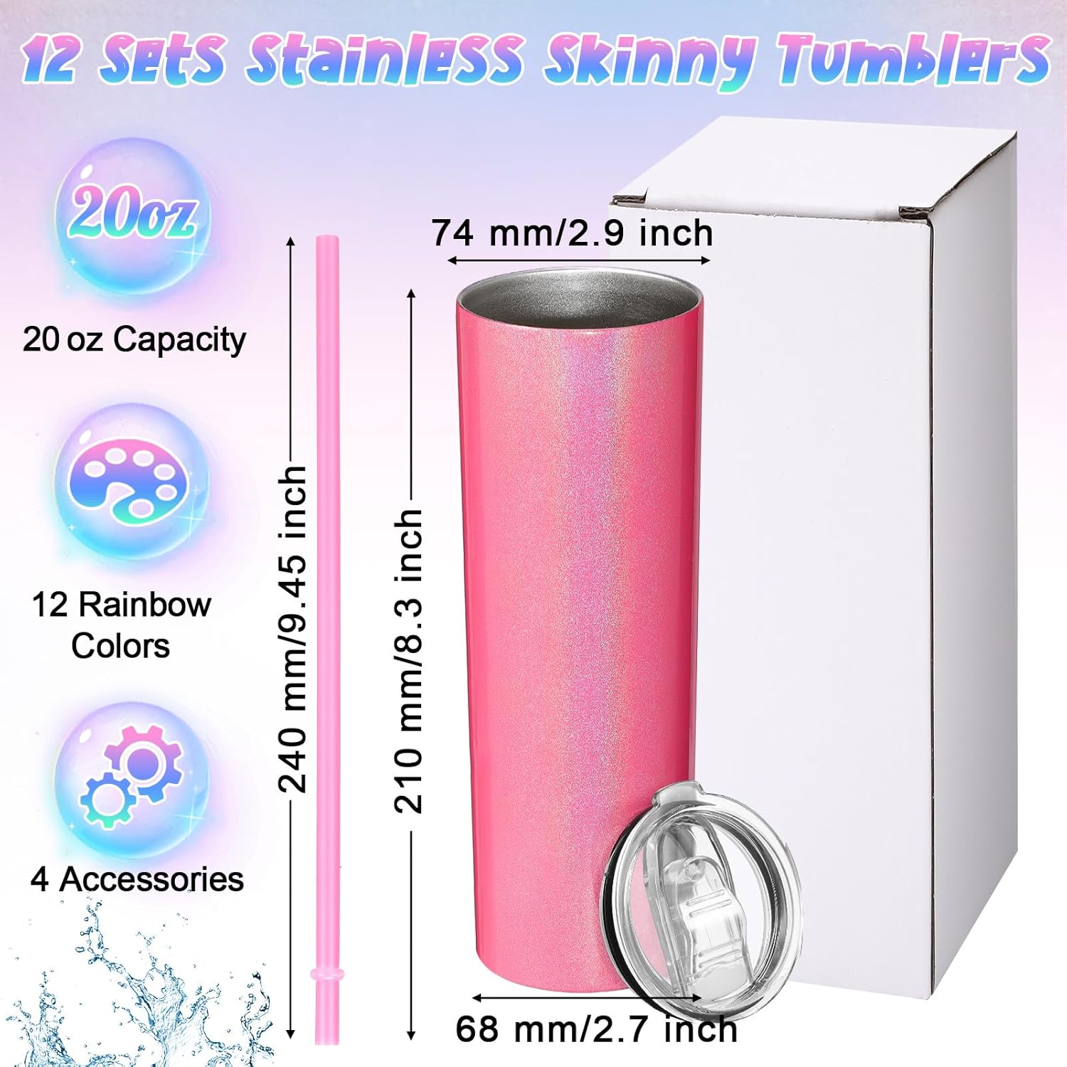 12 Packs Glitter Skinny Tumblers with Lids and Straws Bulk, 20 oz Stainless Steel Double Wall Vacuum Insulated Cup Coffee Tumbler Travel Water Mug for Hot Cold Drink, Rainbow Colors - Image 2