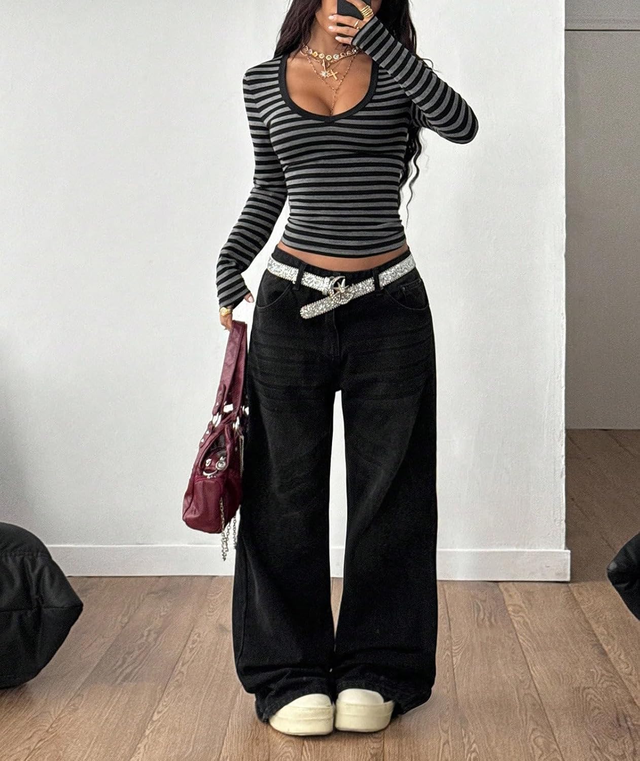 Women Y2k Aesthetic Plunge V Neck Striped Crop Tee Tops Tight Fitted Long Sleeve Tshirts Fall Grunge Teen Clothes - Image 6
