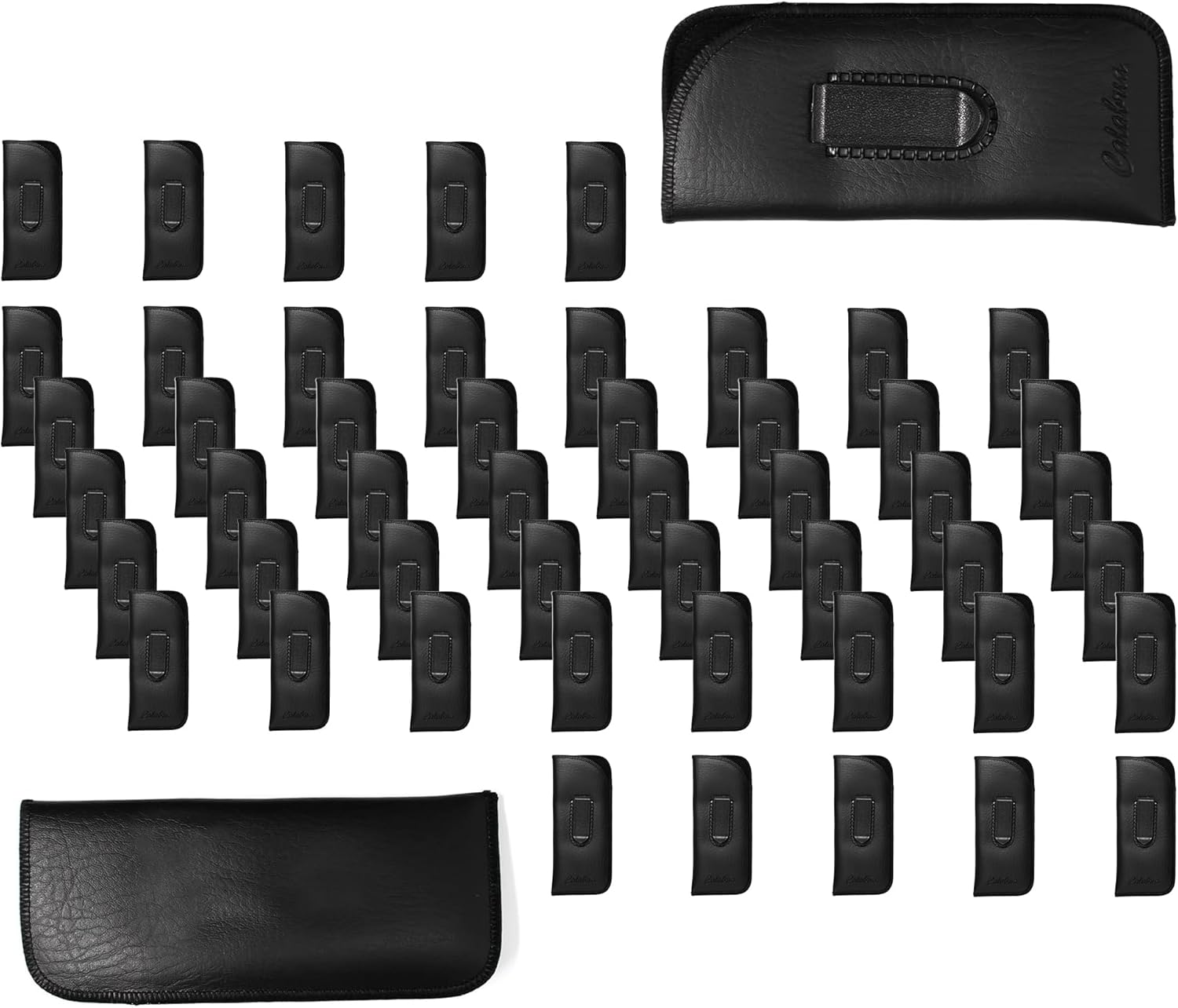 Calabria Slim Eye Glasses Case w/Clip Soft PU Leather Black Men Women Eyeglasses Pouch Slip-In Eyewear Holder Sunglass Bag - 12PACK