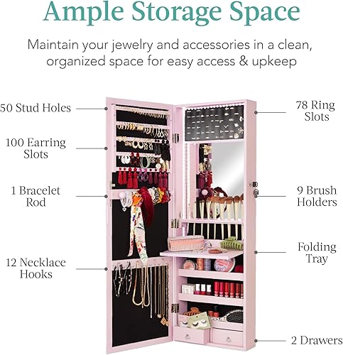 Miniatura 4 de Best Choice Products Armario de joyería con espejo LED, organizador de joyas con cerradura para pared o puerta con espejo, 2 cajones, cerradura,