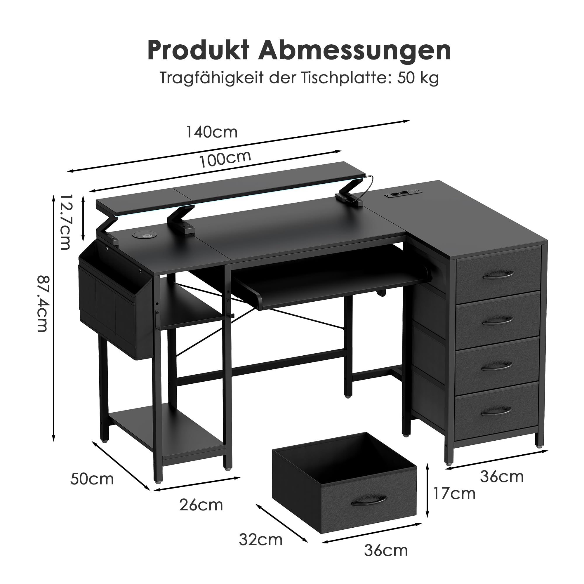 L-Förmiger Schreibtisch 140cm mit Tastaturauszug Gamingtisch mit USB-Ladeanschluss & Steckdose Computertisch mit RGB Beleuchtung & Schubladen für Arbeit, Studium, Freizei, Schwarz