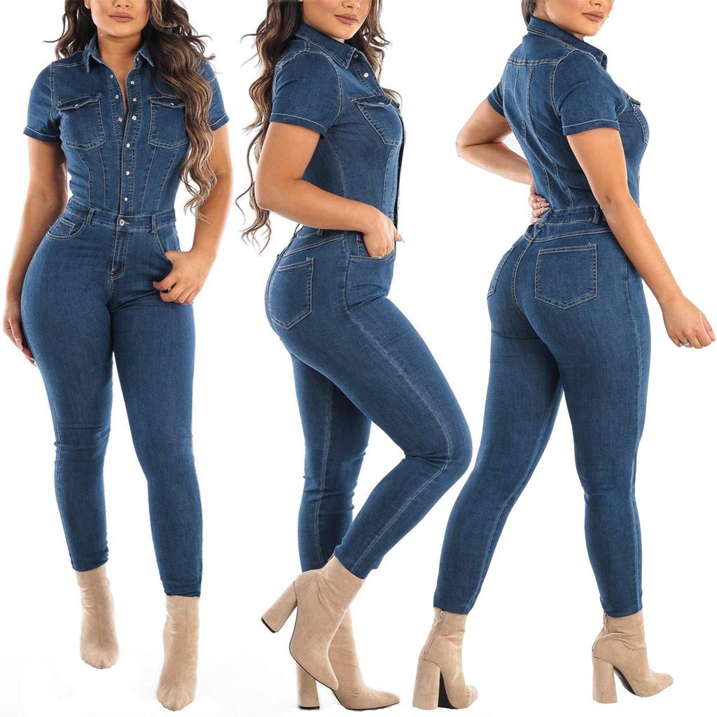 Combinaison en jean pour femme - Manches courtes - Une pièce pour femme - Élégante Curvy - Avec boutonnière - Combinaison d'été multi-poches - Coupe ajustée - Pantalon de travail - Grenouillère