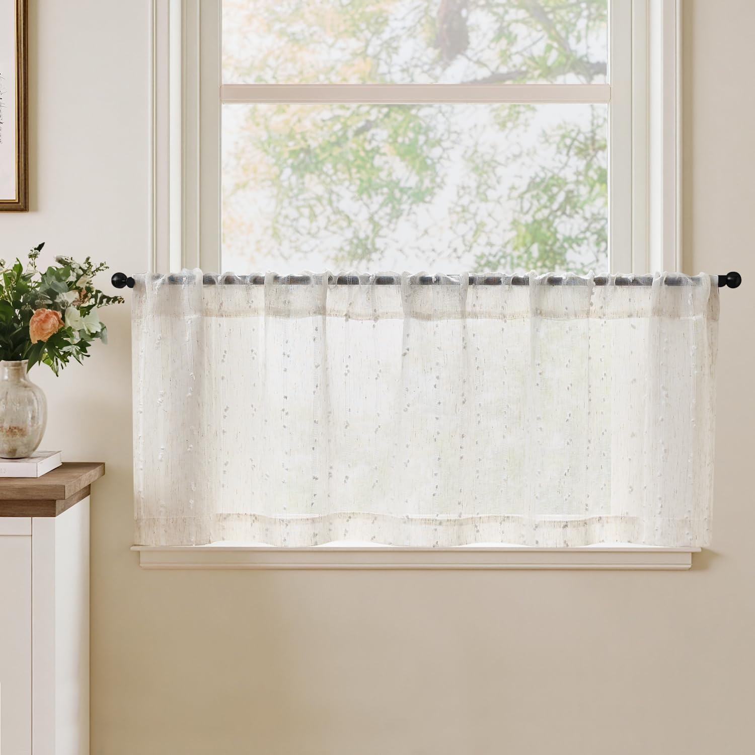TOPICK White Pom-pom Kitchen Curtain Valance W49 xL16 1 PC Linen Style