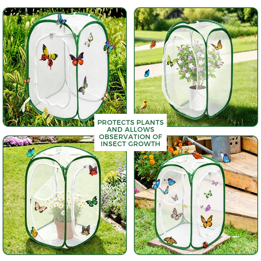 Gabbia per Insetti e Farfalle, 40×40×60 cm Gabbia per Farfalle Pieghevole, Gabbia per Habitat Farfalla con Cerniera e Maniglia, Gabbia per Insetti Portatile Pop-up per Piante, Insetti