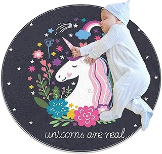 Tapis Rond Belle Licorne Gris Foncé Tapis Moelleux pour Le Salon de la Chambre à Coucher Salle de Jeux pour Enfants de Super Doux 80x80cm