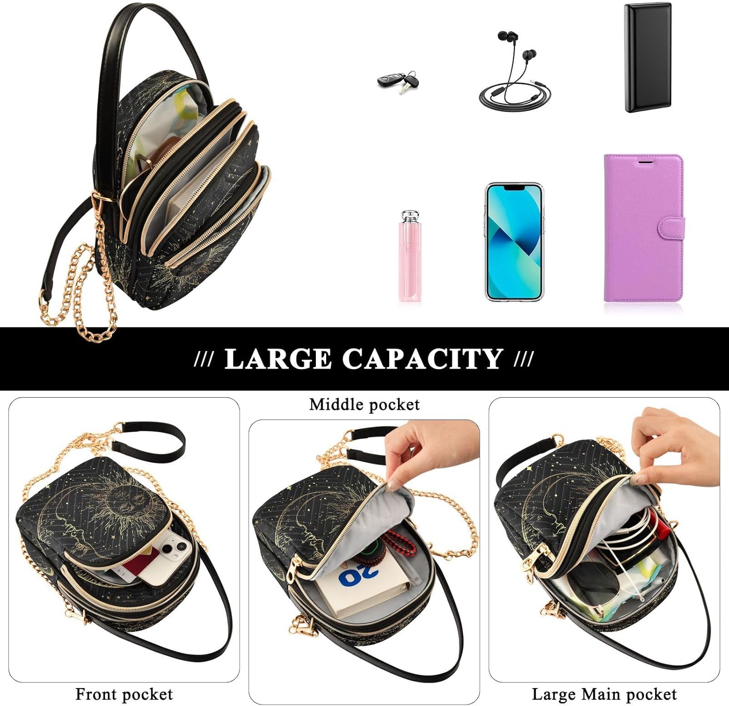 Crossbody Bags Crossbody Purse Chest Bag Golden Sun Moon Stars Boho for Women Trendy - Image 7